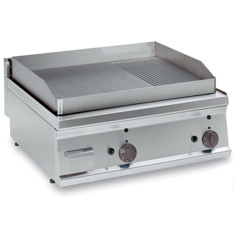 KBS Gas-Grillplatte FTR70G7, Kombination aus gerillter und glatter Grillfläche, zwei Bedienknebel, Frontansicht. Für Gastronomiebetriebe, Grillstationen und Großküchen.