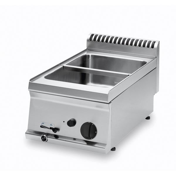 KBS Gas-Bain-Marie BM35G7 mit zwei Speisebehältern, Edelstahlfront und Temperaturregelung. Die Frontansicht mit Drehregler eignet sich zur Nutzung in Großküchen und Bäckereien.