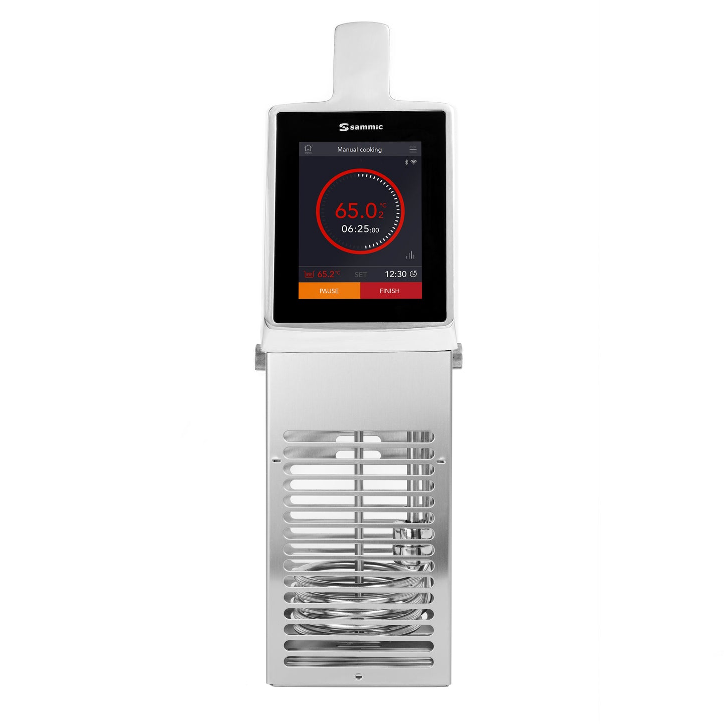Sammic tragbarer Sous-Vide Garer mit Touchscreen-Display, zeigt 65°C Temperatur und Kochzeit, weiße Kunststoff-Immersionsvorrichtung mit Edelstahlspule