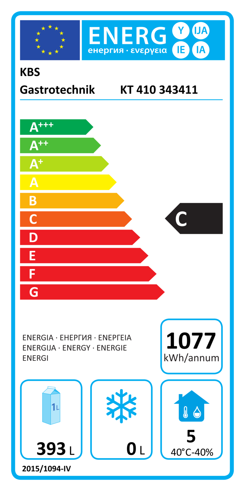 343411 EU-Energielabel mit Piktogrammen für Kühlgerät, Effizienzklasse, Verbrauchswerten, Herstellerkennung und grafischer Skala