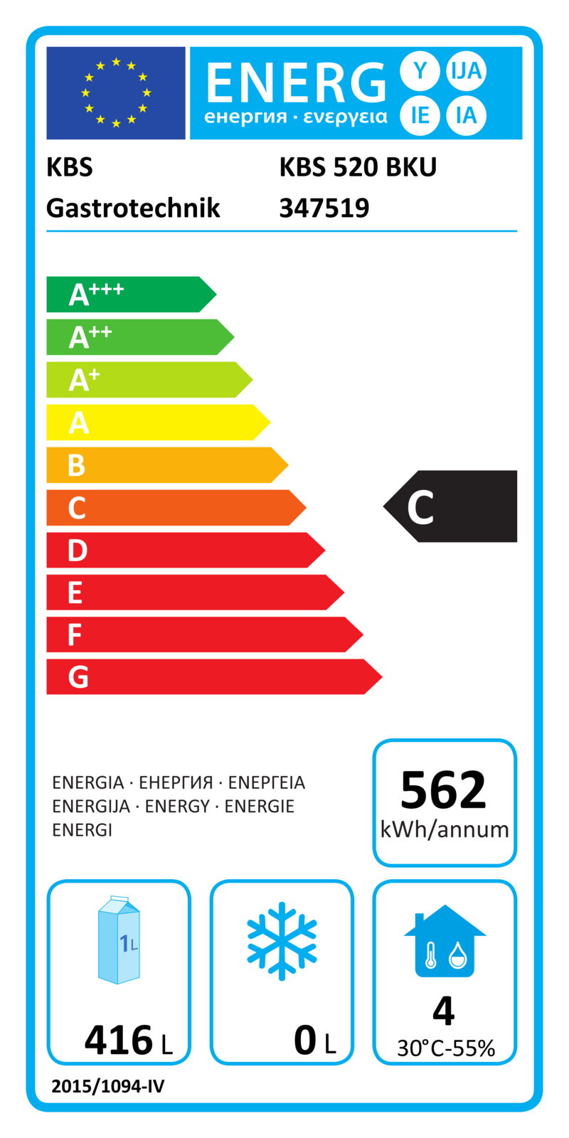 347519 EU-Energielabel mit Piktogrammen für Kühlgerät, Effizienzklasse, Verbrauchswerten, Herstellerkennung und grafischer Skala