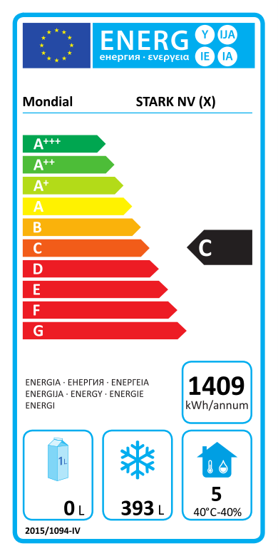 465625 EU-Energielabel mit Piktogrammen für Kühlgerät, Effizienzklasse, Verbrauchswerten, Herstellerkennung und grafischer Skala