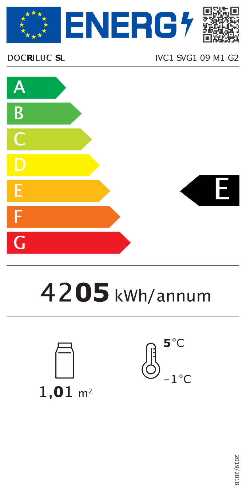 50098 EU-Energielabel mit Piktogrammen für Kühlgerät, Effizienzklasse, Verbrauchswerten, Herstellerkennung und grafischer Skala