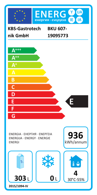 60421013 EU-Energielabel mit Piktogrammen für Kühlgerät, Effizienzklasse, Verbrauchswerten, Herstellerkennung und grafischer Skala