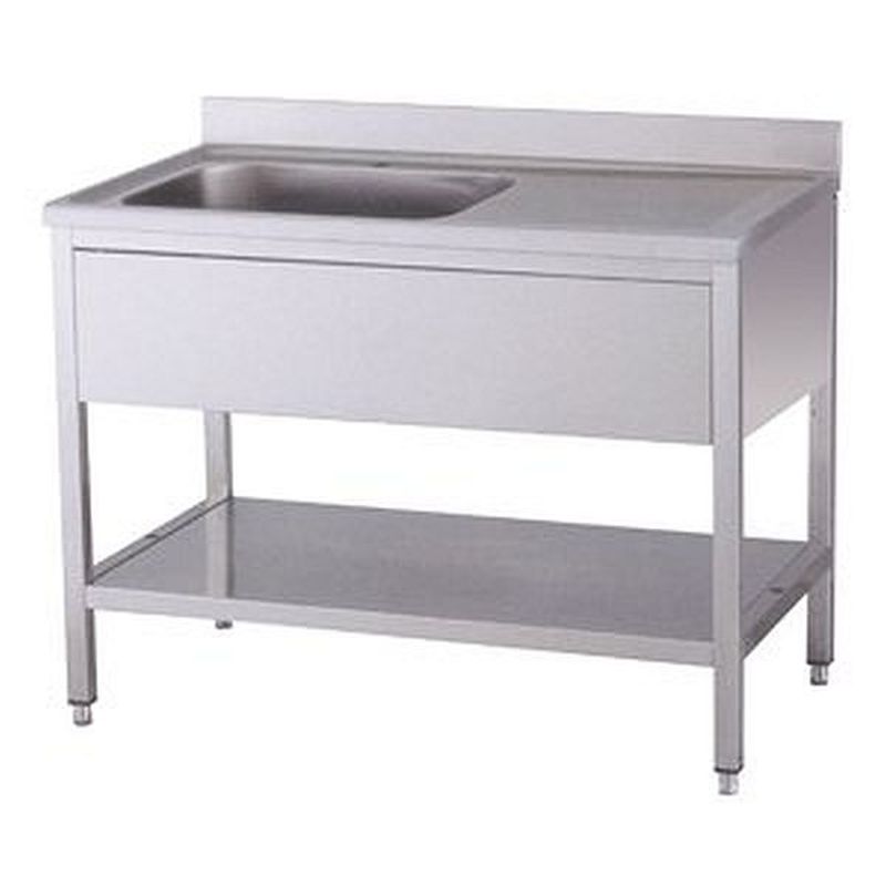 Edelstahl-Spültisch mit einem Becken links, Aufkantung und Untergestell mit Ablage