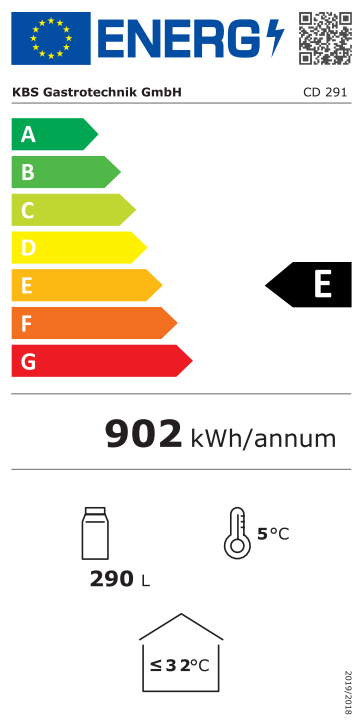 9190024 EU-Energielabel mit Piktogrammen für Kühlgerät, Effizienzklasse, Verbrauchswerten, Herstellerkennung und grafischer Skala