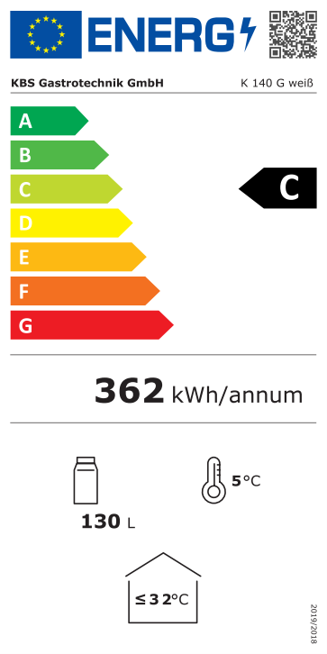 9190140 EU-Energielabel mit Piktogrammen für Kühlgerät, Effizienzklasse, Verbrauchswerten, Herstellerkennung und grafischer Skala