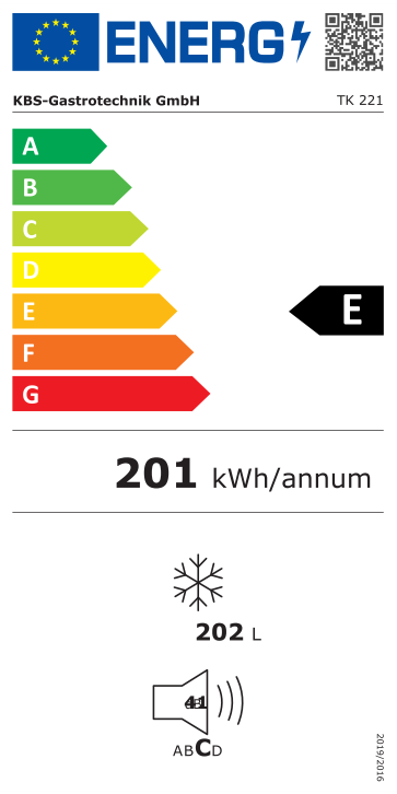 9190221 EU-Energielabel mit Piktogrammen für Kühlgerät, Effizienzklasse, Verbrauchswerten, Herstellerkennung und grafischer Skala