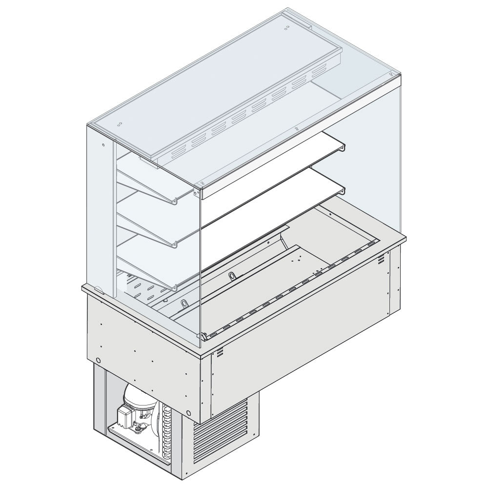 Wandkühlvitrine 3-etagig mit eckiger Verglasung auf Umluft-Kühlwanne, mit Kühlaggregat, 5x GN 1/1 — Virtus AYC0510