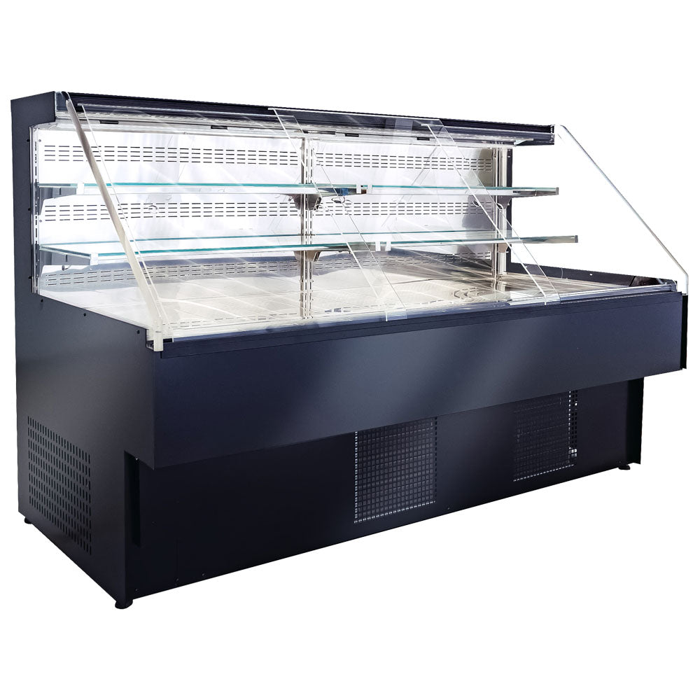 Kühltheke für Selbstbedienung mit 2 Regalböden, Umluft, Wandmodell, +2°/+ 4°C, B=2500 mm - Schwarz — Virtus BGB0452