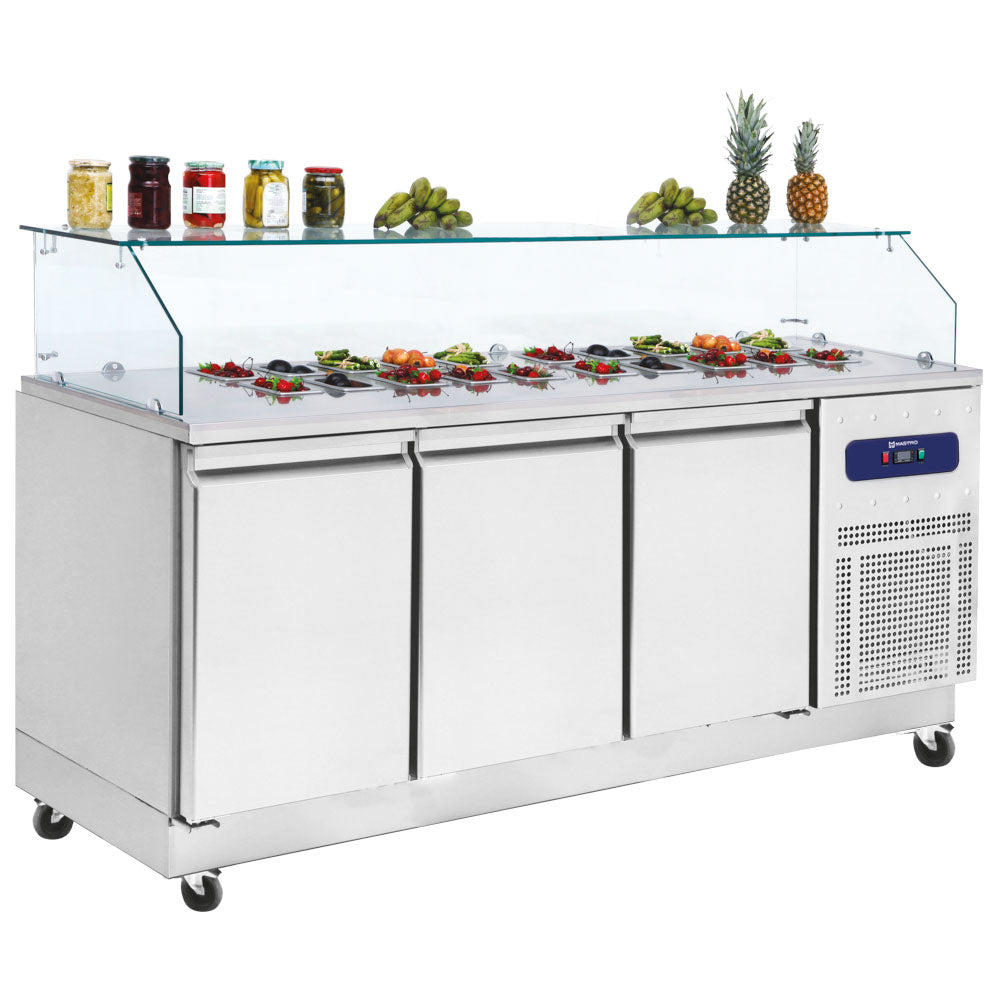 Kühl-Vorbereitungstisch 3 Türen GN 1/1 mit Glasaufsatz, 8x GN 1/6 H=100 mm, -2°/+8°C — Virtus CCZ0107