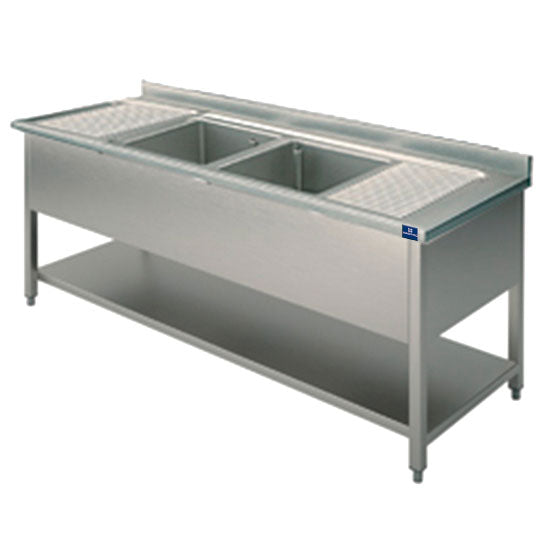 Spültisch, 2 Becken, 2 Tropftassen, auf Beinen, mit Zwischenboden, 2000x700 mm — Virtus GLA0017