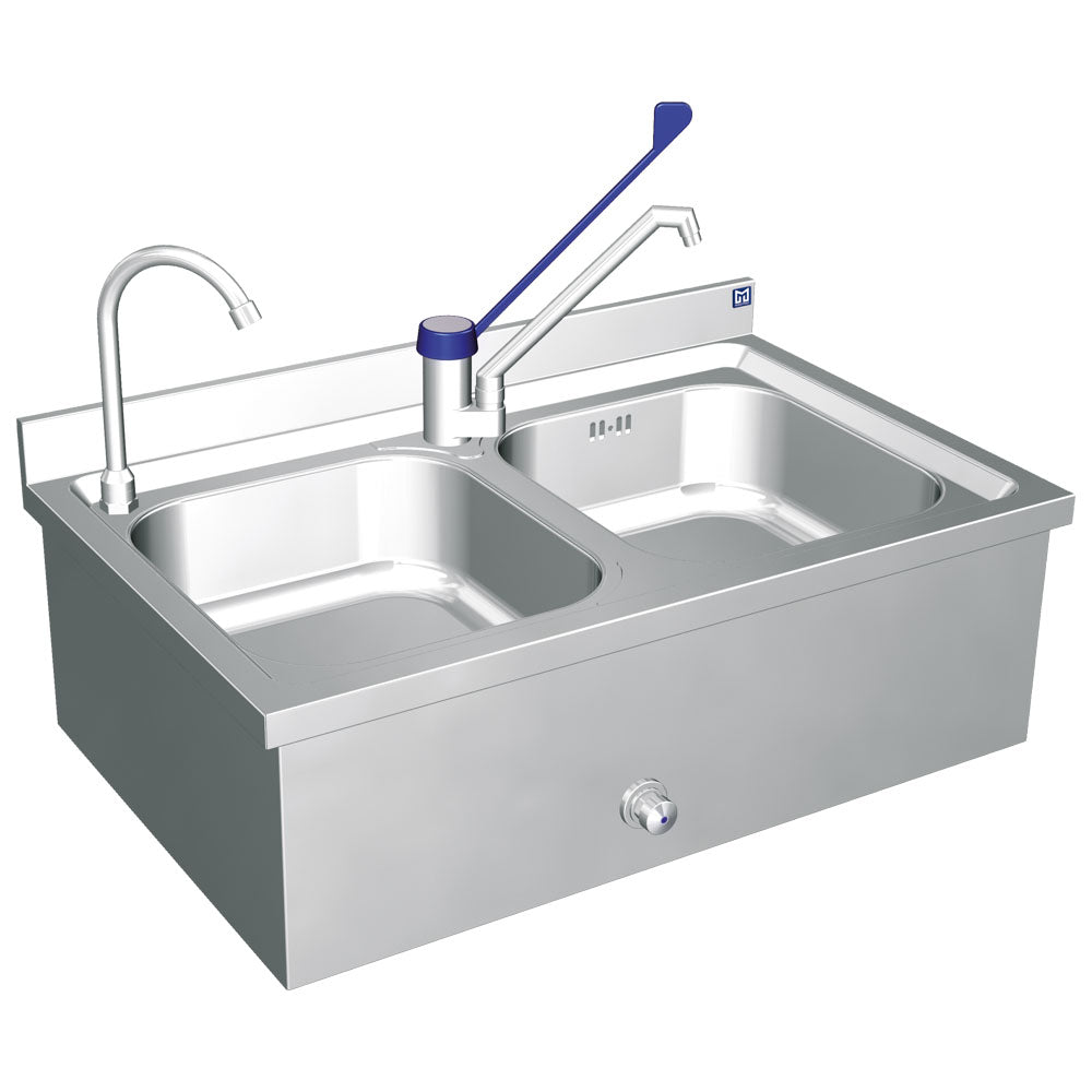 Handwaschbecken mit 2 Becken, 2 Hähnen, 1 Kniebedienung — Virtus GLC0008