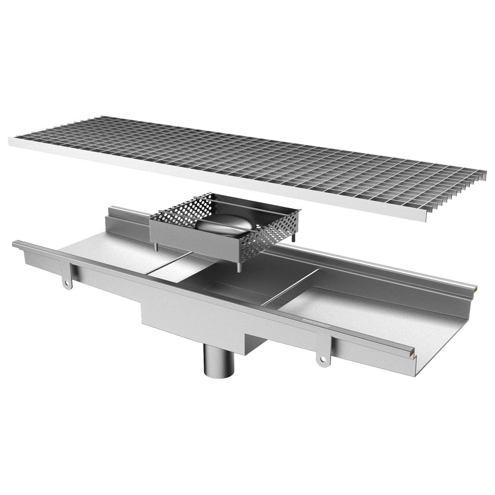 Bodenablaufrinne mit vertikalem Auslauf ø 63 mm und quadratischem Sieb, 800x300x150 mm — Virtus GZZ0071