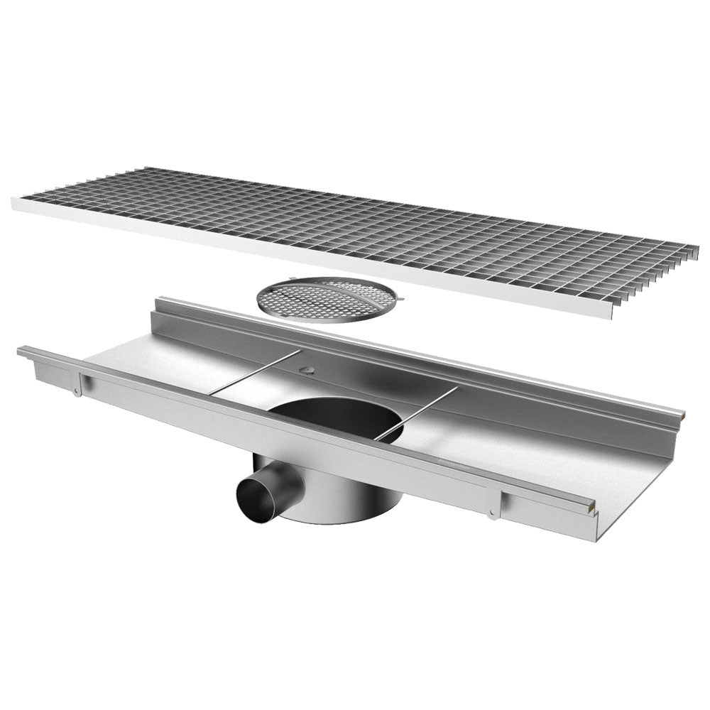 Bodenablaufrinne mit horizontalem Auslauf ø 63 mm und rundem Sieb, 1400x300x150 mm — Virtus GZZ0081