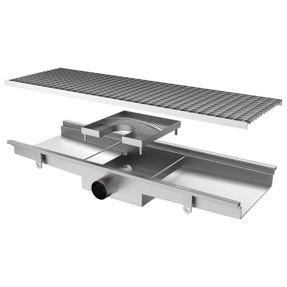 Bodenablaufrinne mit horizontalem Auslauf ø 63 mm und quadratischem Sieb, 1400x300x150 mm — Virtus GZZ0087