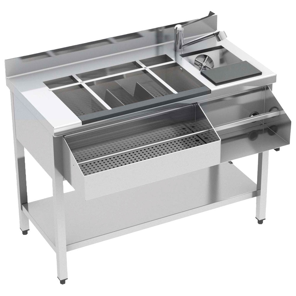 Cocktail Bar Station neutral mit Eiswanne, Flaschenhalter, Mixerregal, Spülbecken, 1500x720 mm — Virtus HAA0004