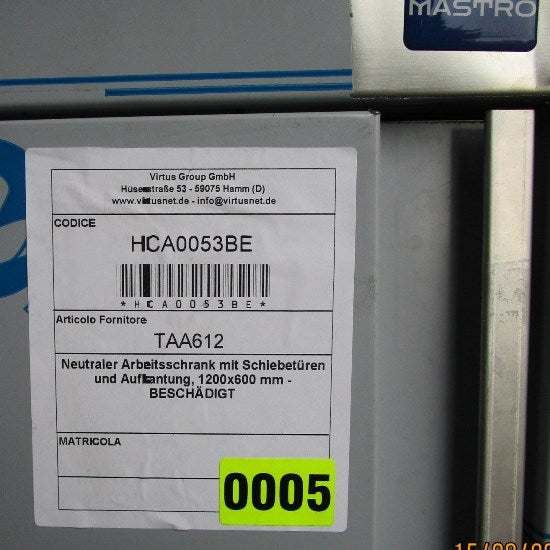 Neutraler Arbeitsschrank mit Schiebetüren und Aufkantung, 1200x600 mm - BESCHÄDIGT — Virtus HCA0053BE (Ansicht 5)