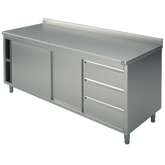 Neutraler Arbeitsschrank mit eingebauter Schubladeneinheit rechts, mit Schiebetüren und Aufkantung, 2000x700 mm — Virtus HCA0064