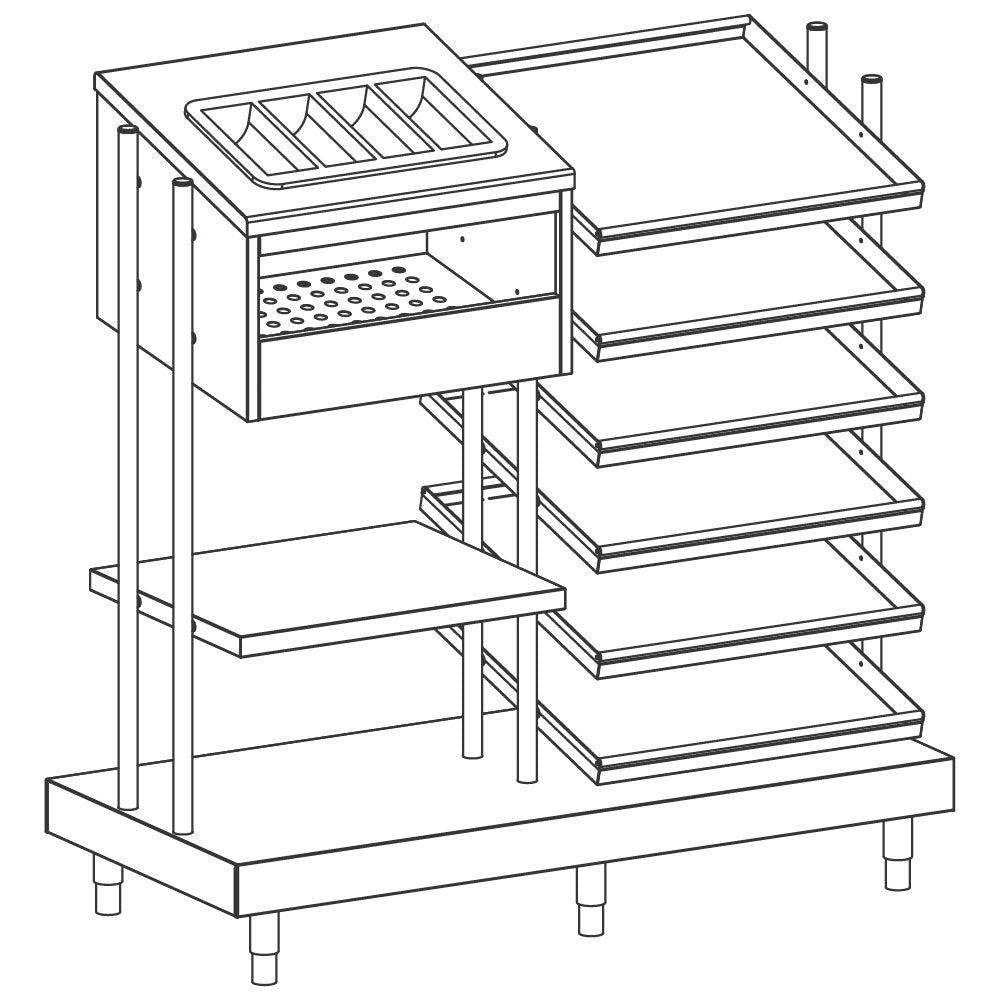 Tablett/Besteck/Glas/Brot-Ausgabeelement, Besteckbehälter aus PVC und Tablett-hordengestell, 1312x700 mm — Virtus IIA6020