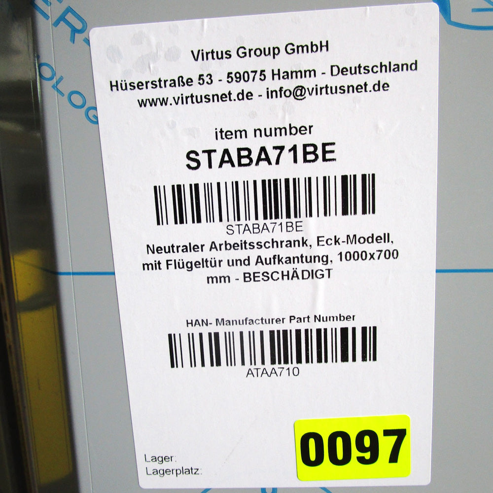 Neutraler Arbeitsschrank, Eck-Modell, mit Flügeltür und Aufkantung, 1000x700 mm - BESCHÄDIGT — Virtus STABA71BE (Ansicht 6)