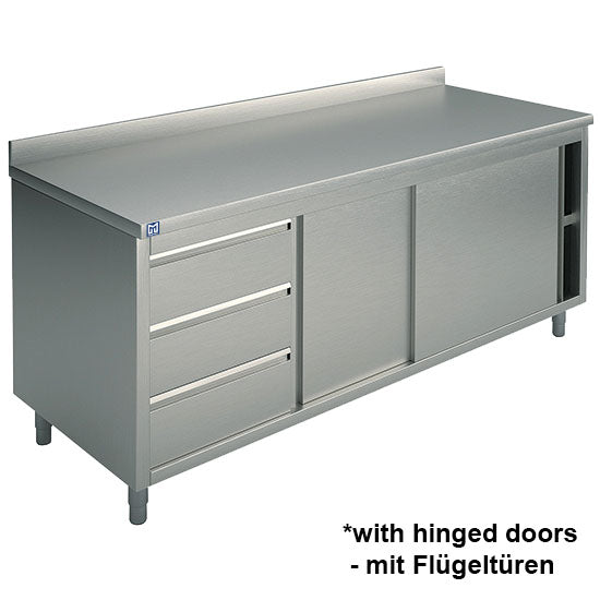 Neutraler Arbeitsschrank mit eingebauter Schubladeneinheit links, mit Schiebetüren und Aufkantung, 1200x700 mm — Virtus STNAC370121