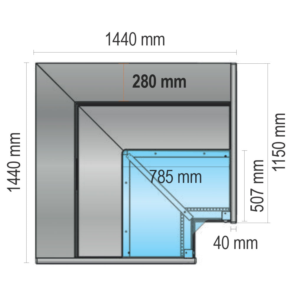 Fleischkühltheke-Eckmodul geschlossen mit gerader Frontverglasung, Umluft Kühlung, +2°/+5°C — Virtus Z/TM10AAC9