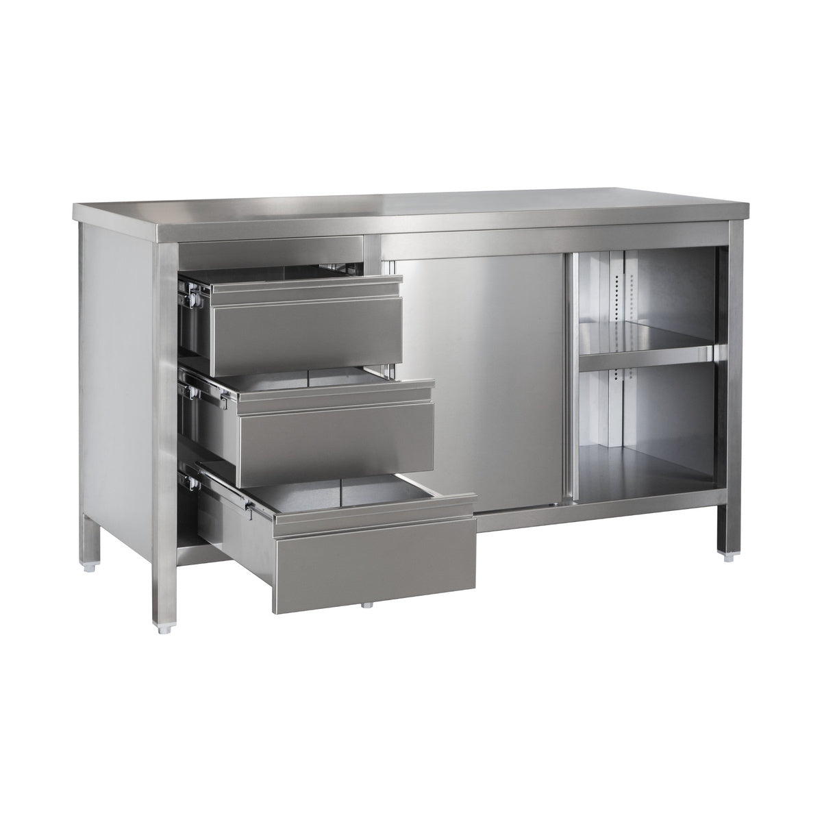 Edelstahl Arbeitsschrank mit Schubladenblock links. Türen und höhenverstellbaren Zwischenboden | A&S ARSSBL126