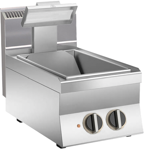 KBS Frittenwanne, elektrisch betrieben, Frontansicht mit geöffnetem Deckel, zwei Drehregler, für das Warmhalten von frittierten Speisen in Gastronomie und Imbissen.