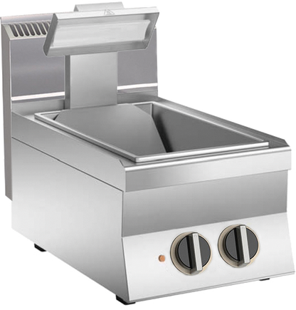 KBS Frittenwanne, elektrisch betrieben, Frontansicht mit geöffnetem Deckel, zwei Drehregler, für das Warmhalten von frittierten Speisen in Gastronomie und Imbissen.