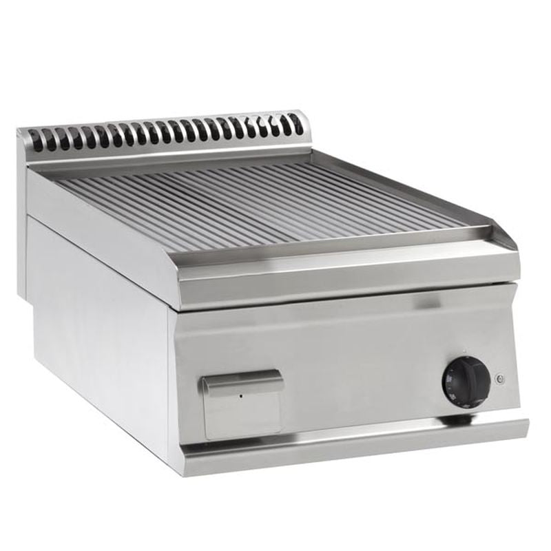 KBS Elektro-Grillplatte FTR35E7, Frontansicht mit geschlossener Abdeckung und gerillter Grillfläche. Ideal für Gastronomie, Imbiss oder Großküchenbetrieb.