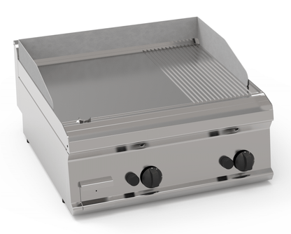 Edelstahl Gas-Grillplatte mit glatter und gerillter Arbeitsfläche, zwei Heizzonen und Drehreglern