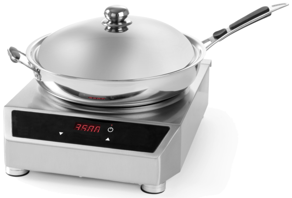 KBS Induktionsfläche für Wok, mit zwei Kochzonen. Edelstahlgehäuse, digitale Bedienfelder vorne. Für präzise Hitze beim Frontcooking.