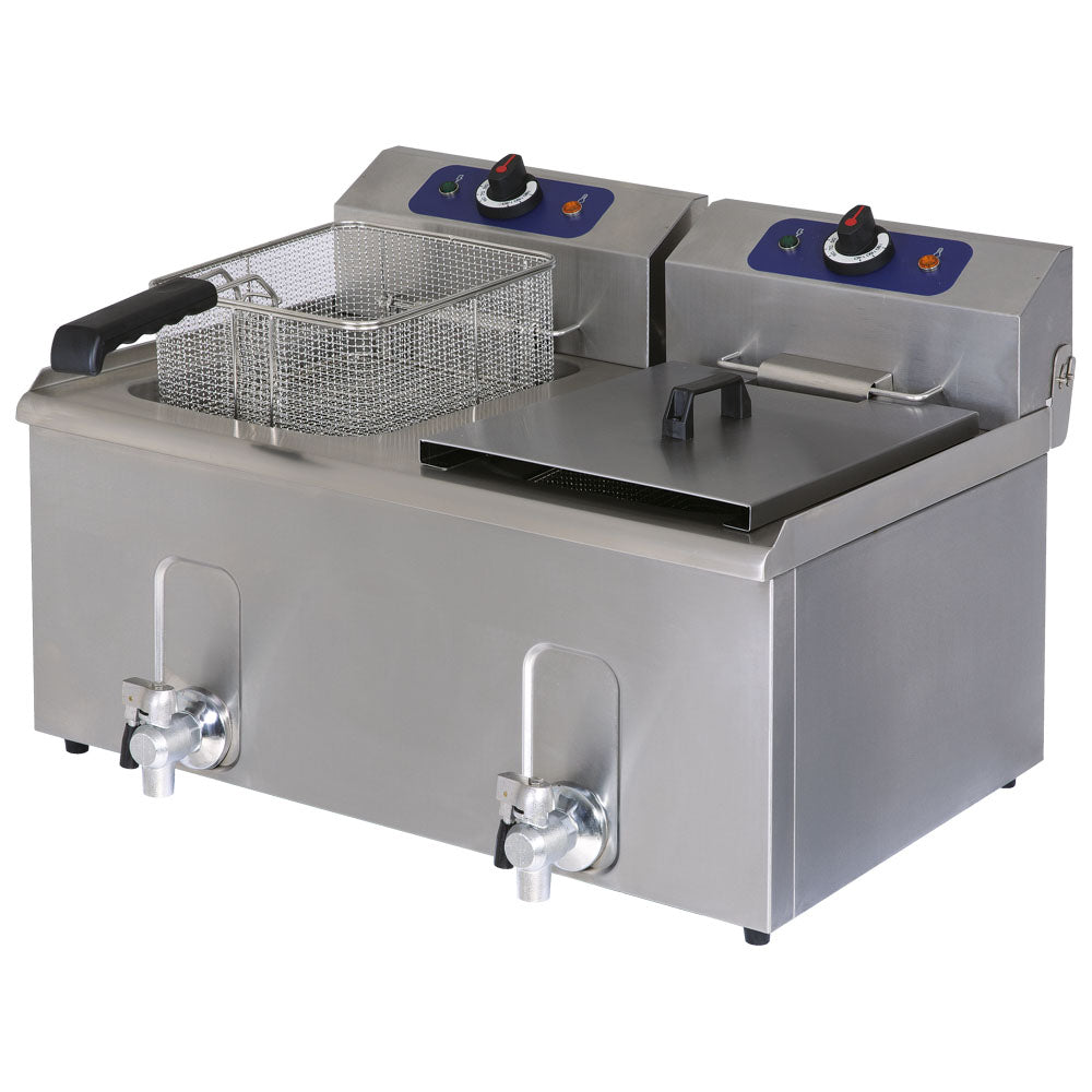 Elektro-Fritteuse mit Ablasshahn, Tischmodell, Ölfassungsvermögen 10+10 Liter — Virtus 1276G