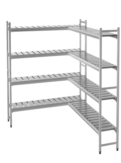 L-förmiges Metallregal mit vier Ebenen, silbergrau, Stabrost-Böden, Industriedesign
