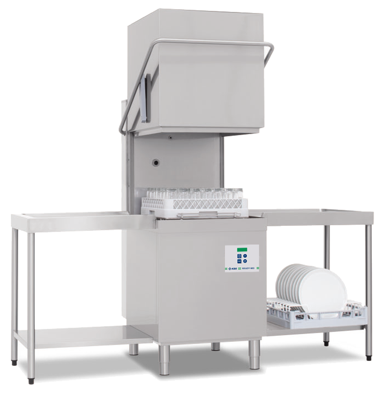 KBS Haubenspülmaschine READY in offener Position mit eingelegtem Gläserkorb. Frontansicht mit beidseitiger Durchreiche. Ideal für Gastronomie und Spülküchen.