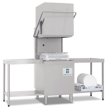 KBS Haubenspülmaschine READY in offener Position mit eingelegtem Gläserkorb. Frontansicht mit beidseitiger Durchreiche. Ideal für Gastronomie und Spülküchen.