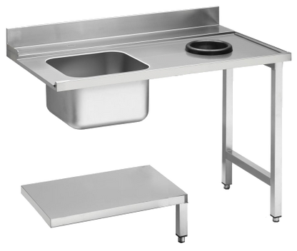 Edelstahl-Zulauftisch mit linksseitigem Becken, Abfallloch und Grundboden, 120cm breit