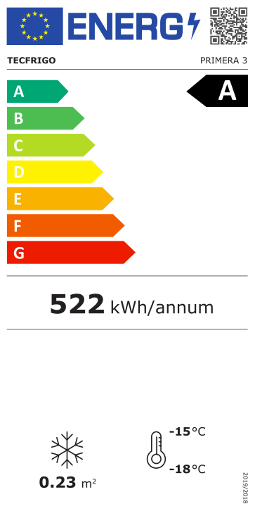 301005 EU-Energielabel mit Piktogrammen für Kühlgerät, Effizienzklasse, Verbrauchswerten, Herstellerkennung und grafischer Skala