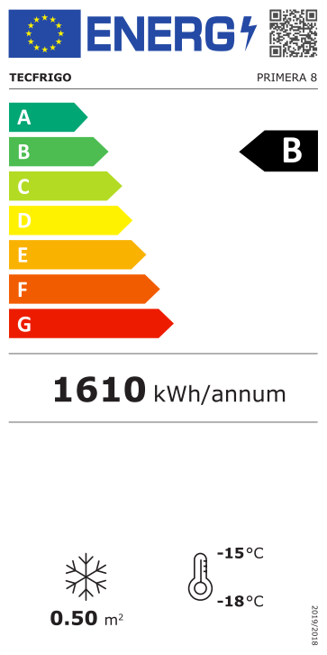 301009 EU-Energielabel mit Piktogrammen für Kühlgerät, Effizienzklasse, Verbrauchswerten, Herstellerkennung und grafischer Skala