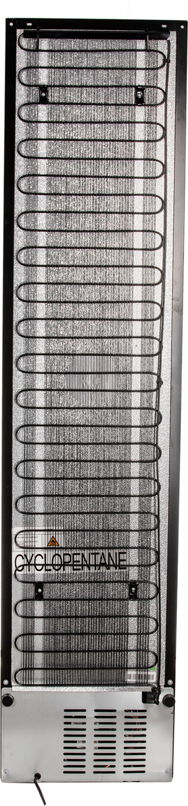 KBS Glastürkühlschrank 316 G in Rückansicht, schwarzes Gehäuse mit sichtbarem Kühlschlangensystem und Belüftungsgitter unten, geeignet für Gastronomie.