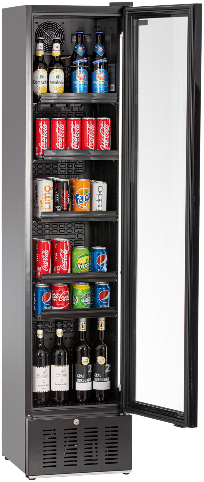 KBS Glastürkühlschrank 316 G in schwarzem Design, Frontansicht mit geöffneter Glastür, mehrere Getränke wie Bier, Cola, Fanta und Weinflaschen sichtbar, geeignet für Gastronomie, Bars und Verkaufsräume.