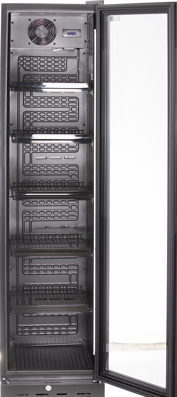 KBS Glastürkühlschrank 316 G, Frontansicht mit geöffneter Glastür, Sicht auf Innenraum mit fünf verstellbaren Drahtrosten, geeignet für Gastronomie, Bäckerei und Getränkeverkauf.