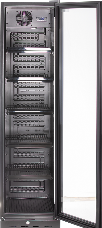 KBS Glastürkühlschrank 316 G, Frontansicht mit geöffneter Glastür, Sicht auf Innenraum mit fünf verstellbaren Drahtrosten, geeignet für Gastronomie, Bäckerei und Getränkeverkauf.