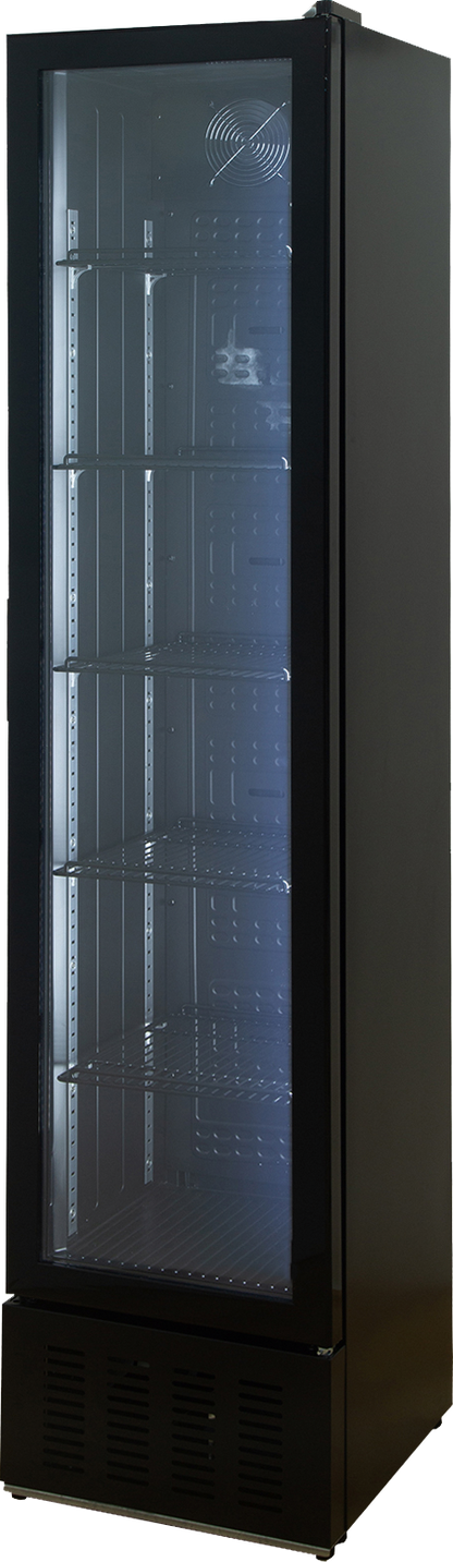 Schwarzer Glastürkühlschrank mit Glastür, Metallrahmen und mehreren Böden