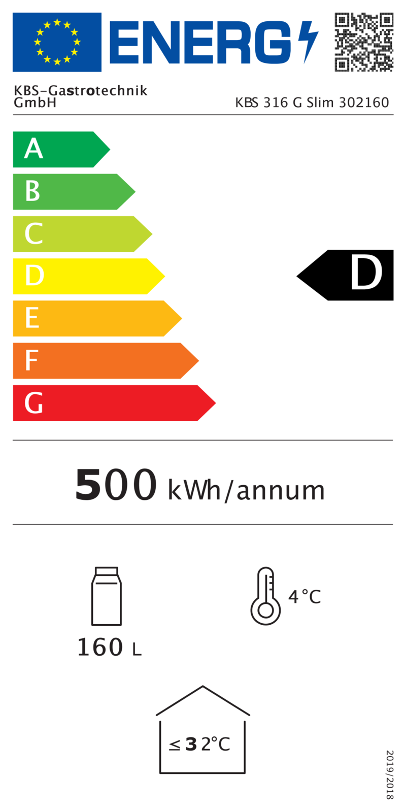 302160 EU-Energielabel mit Piktogrammen für Kühlgerät, Effizienzklasse, Verbrauchswerten, Herstellerkennung und grafischer Skala