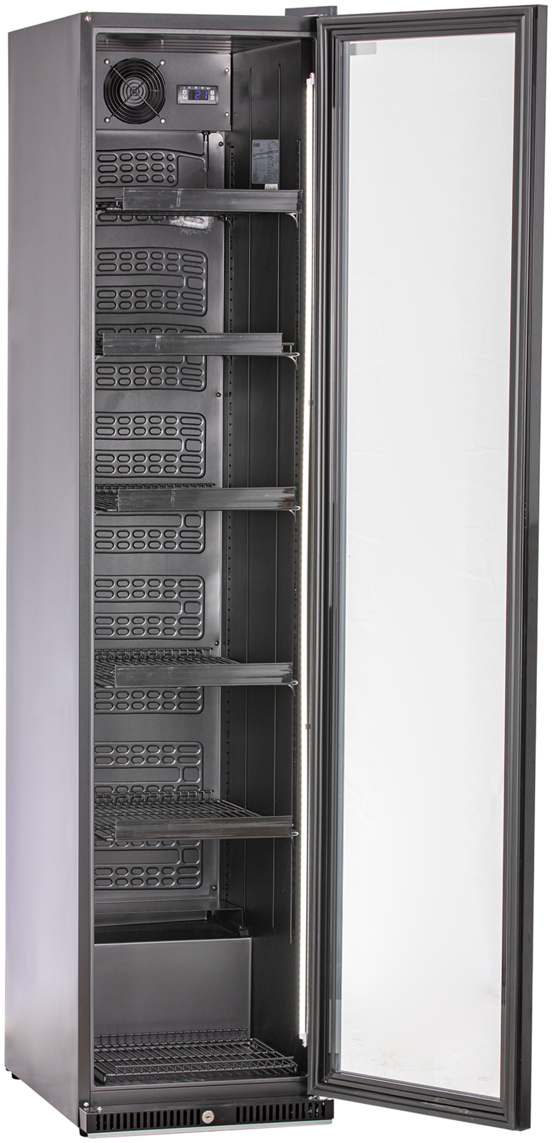 KBS Glastürkühlschrank 327 G Slim, Frontansicht mit geöffneter Glastür, mehrere höhenverstellbare Drahtregale, Innenraum leer, geeignet für Gastronomie.