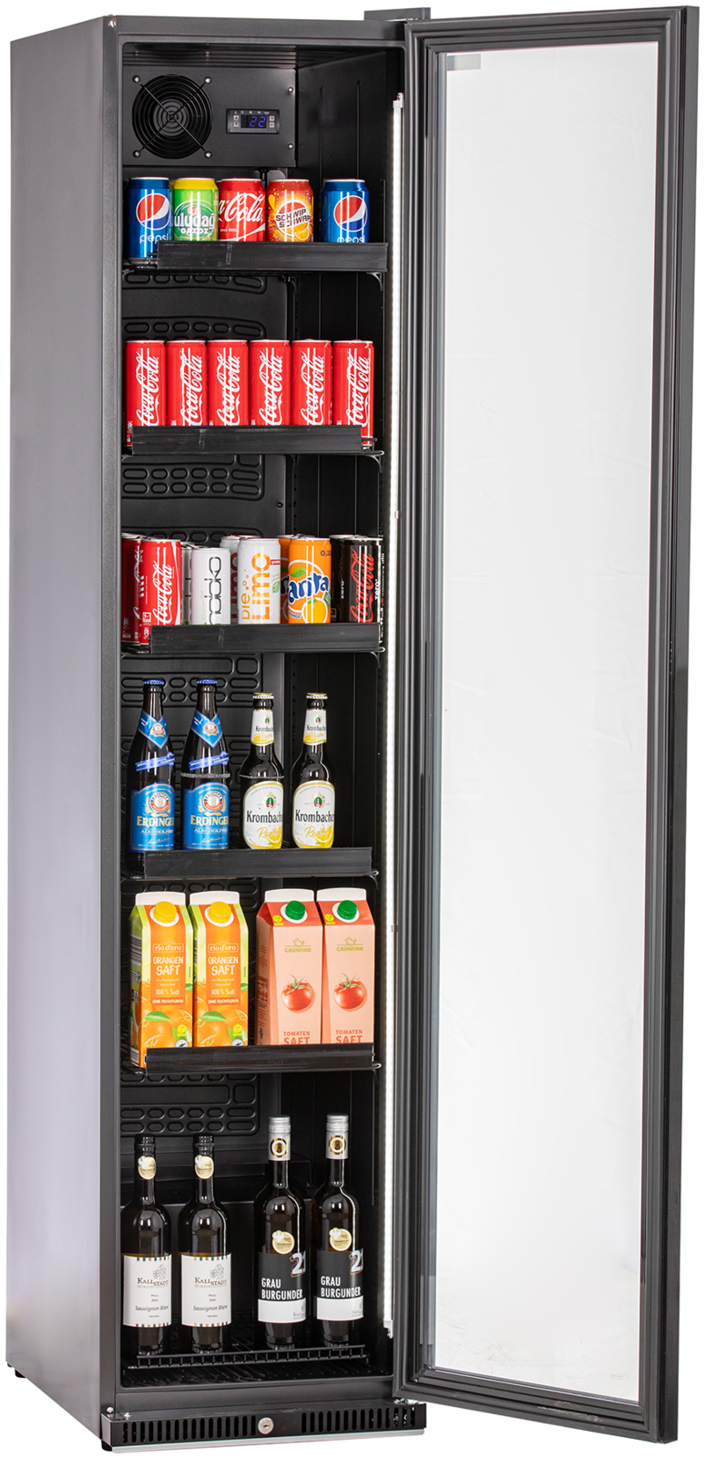 KBS Glastürkühlschrank 327 G Slim, Frontansicht mit geöffneter Glastür, gefüllt mit verschiedenen Getränkedosen, Bierflaschen, Saftkartons und Weinflaschen, LED-Innenbeleuchtung.