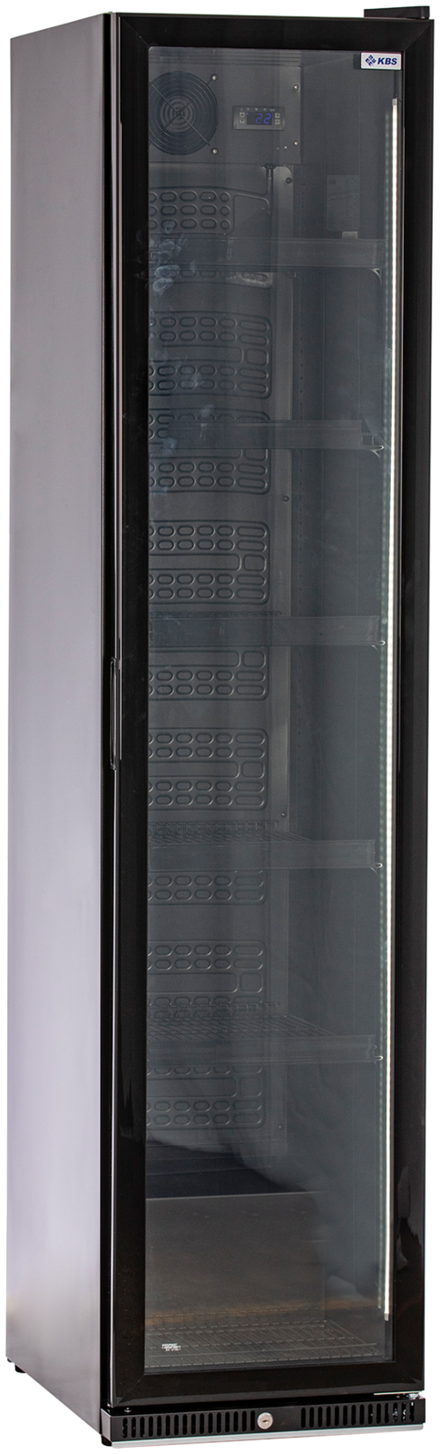KBS Glastürkühlschrank 327 G Slim, Frontansicht mit geschlossener Glastür, leerer Innenraum mit schwarzen Seitenwänden und LED-Beleuchtung.