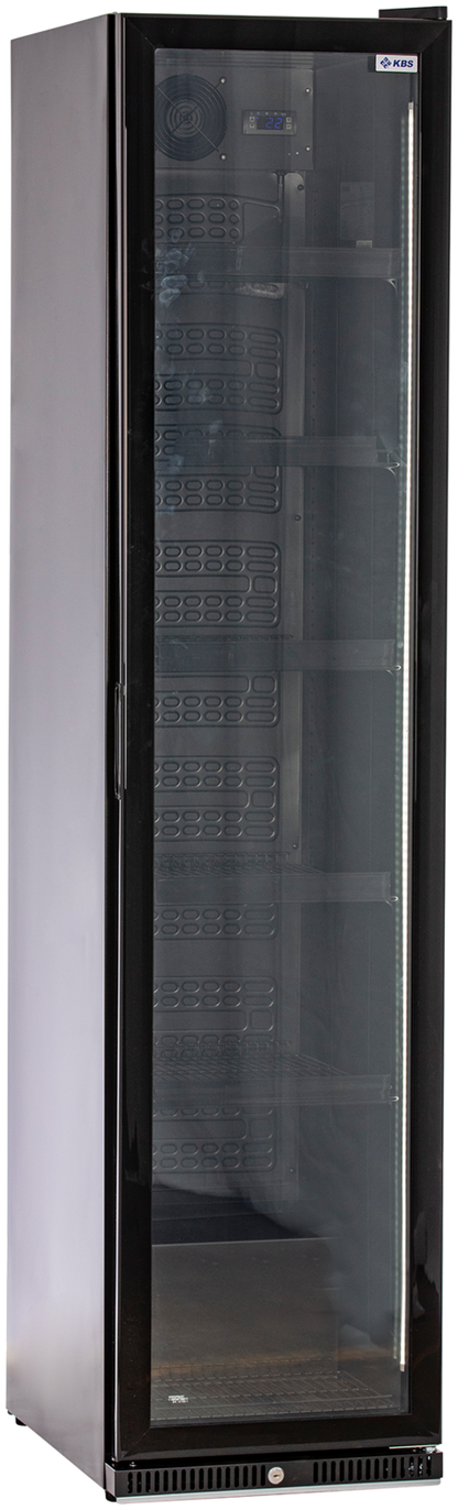 KBS Glastürkühlschrank 327 G Slim, Frontansicht mit geschlossener Glastür, leerer Innenraum mit schwarzen Seitenwänden und LED-Beleuchtung.